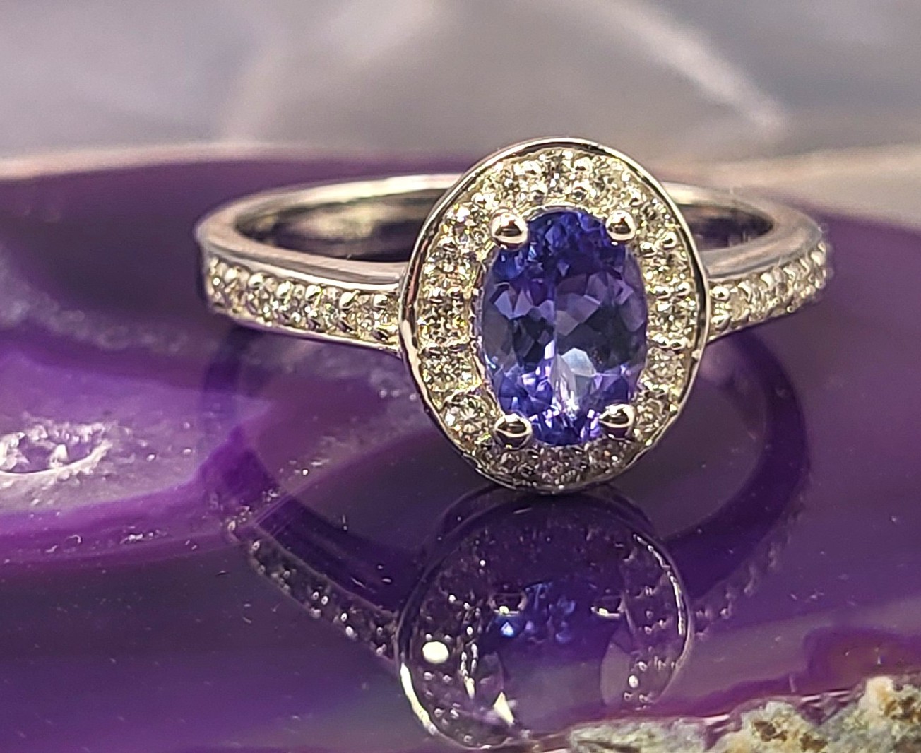 Genuine Tanzanite and Lab-Grown Diamond Halo Ring .925