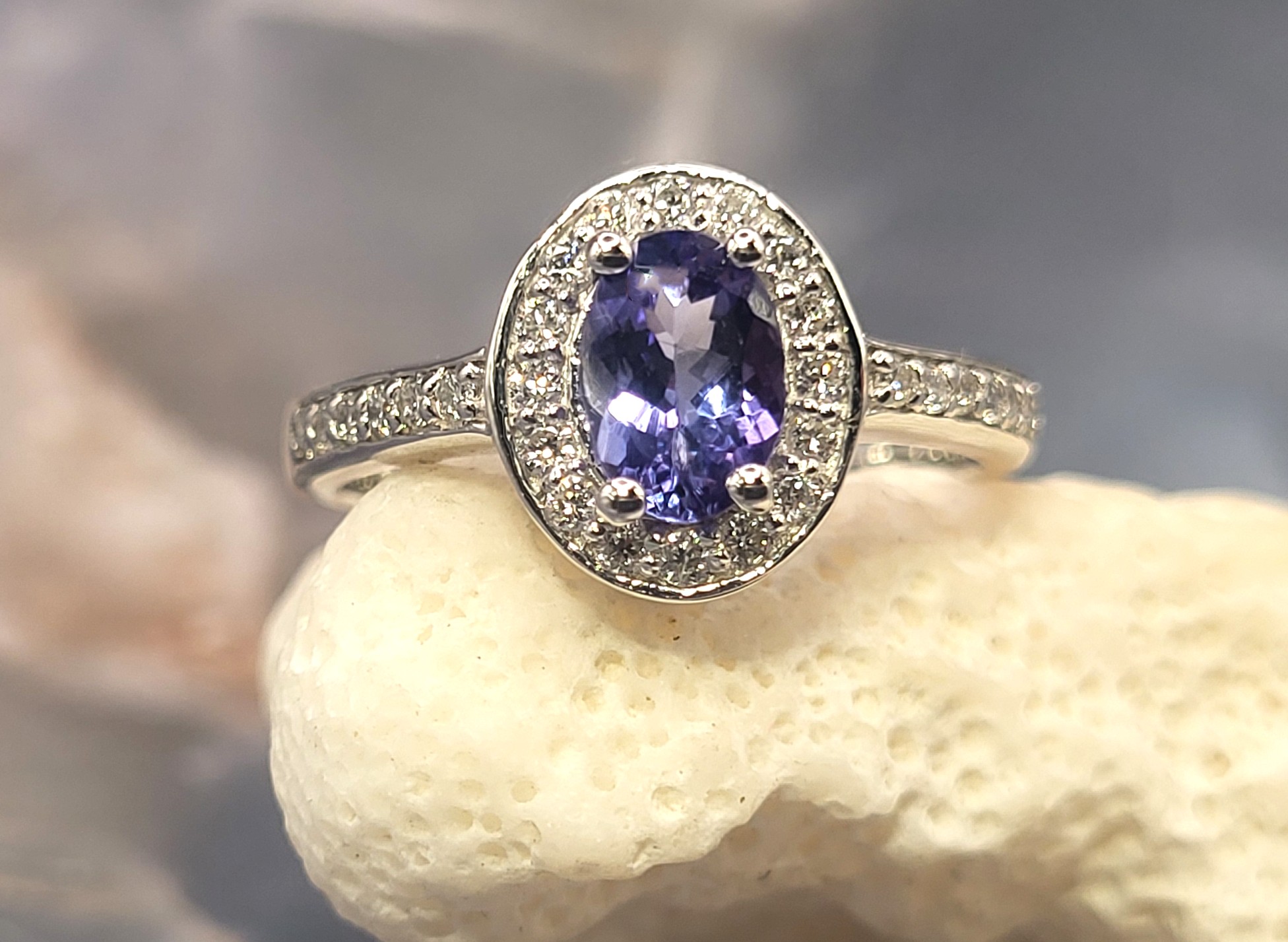 Genuine Tanzanite and Lab-Grown Diamond Halo Ring .925