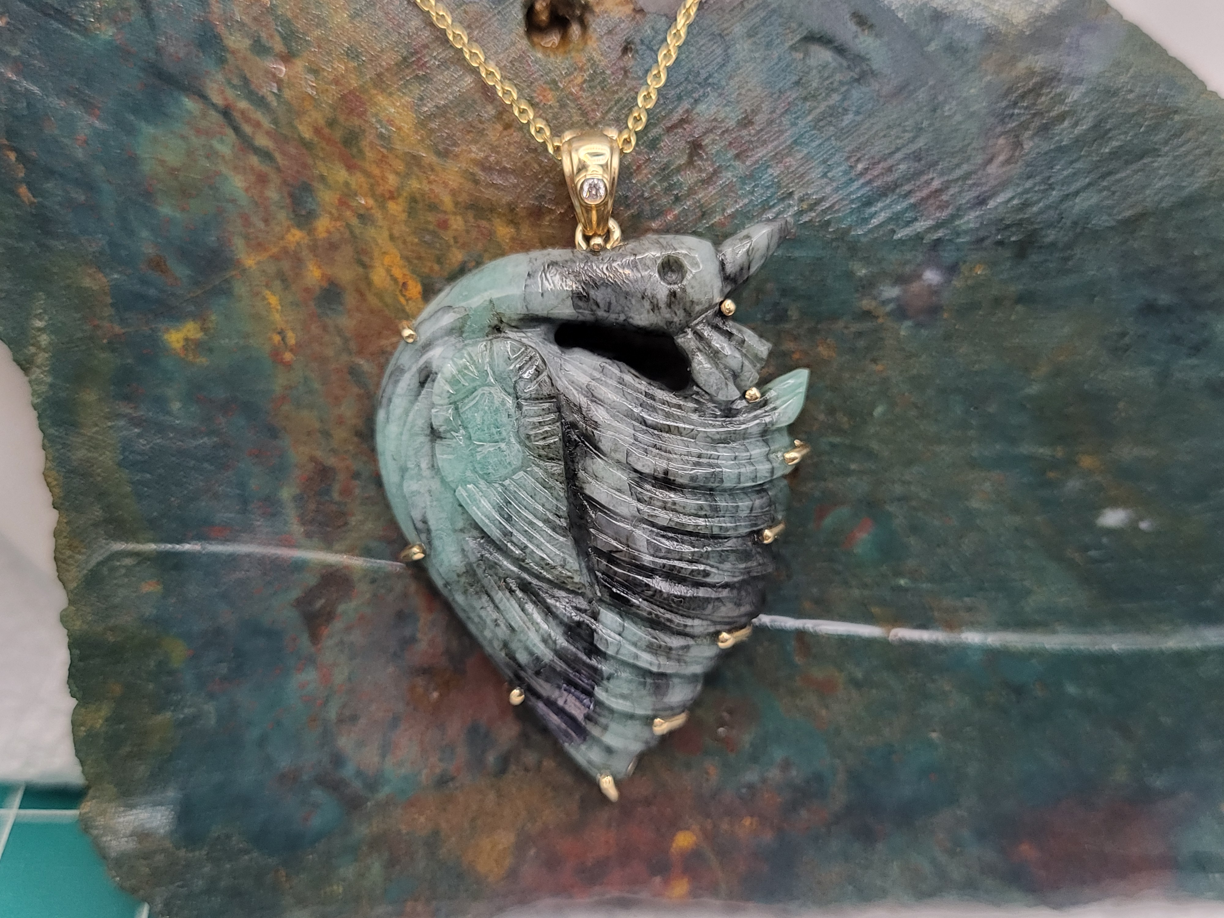 Carved Emerald Peacock Necklace and Diamond Accent