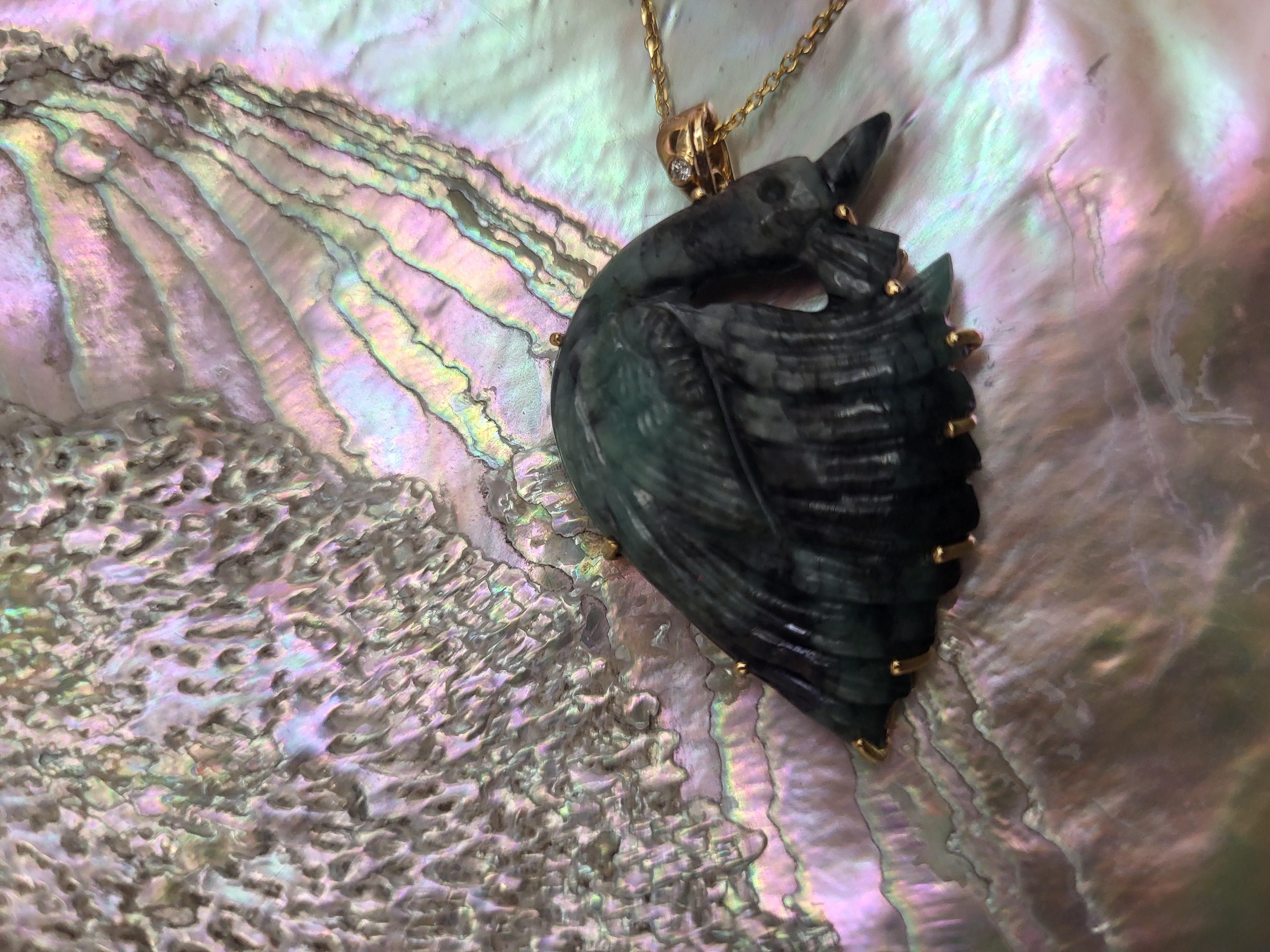 Carved Emerald Peacock Necklace and Diamond Accent