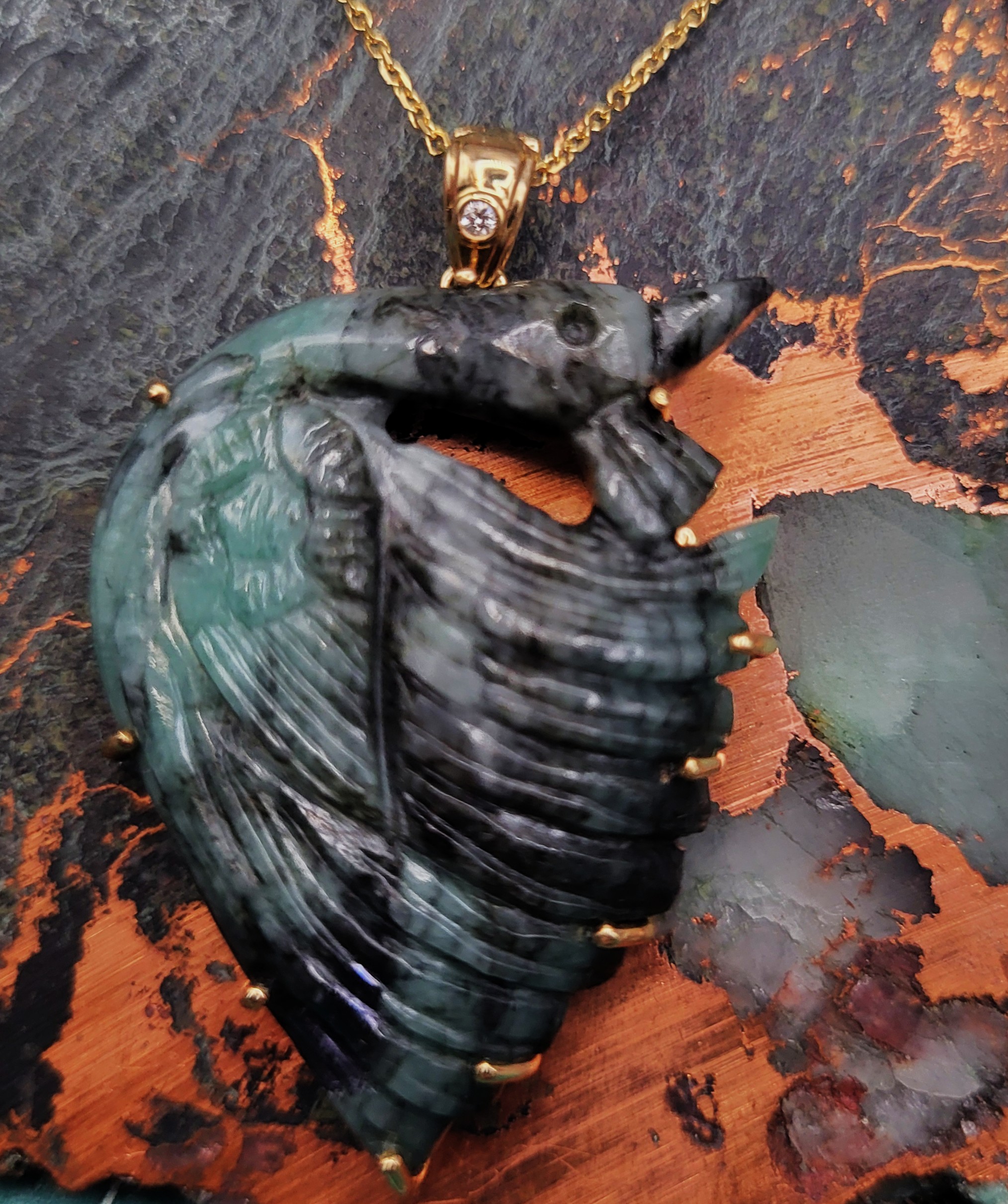 Carved Emerald Peacock Necklace and Diamond Accent