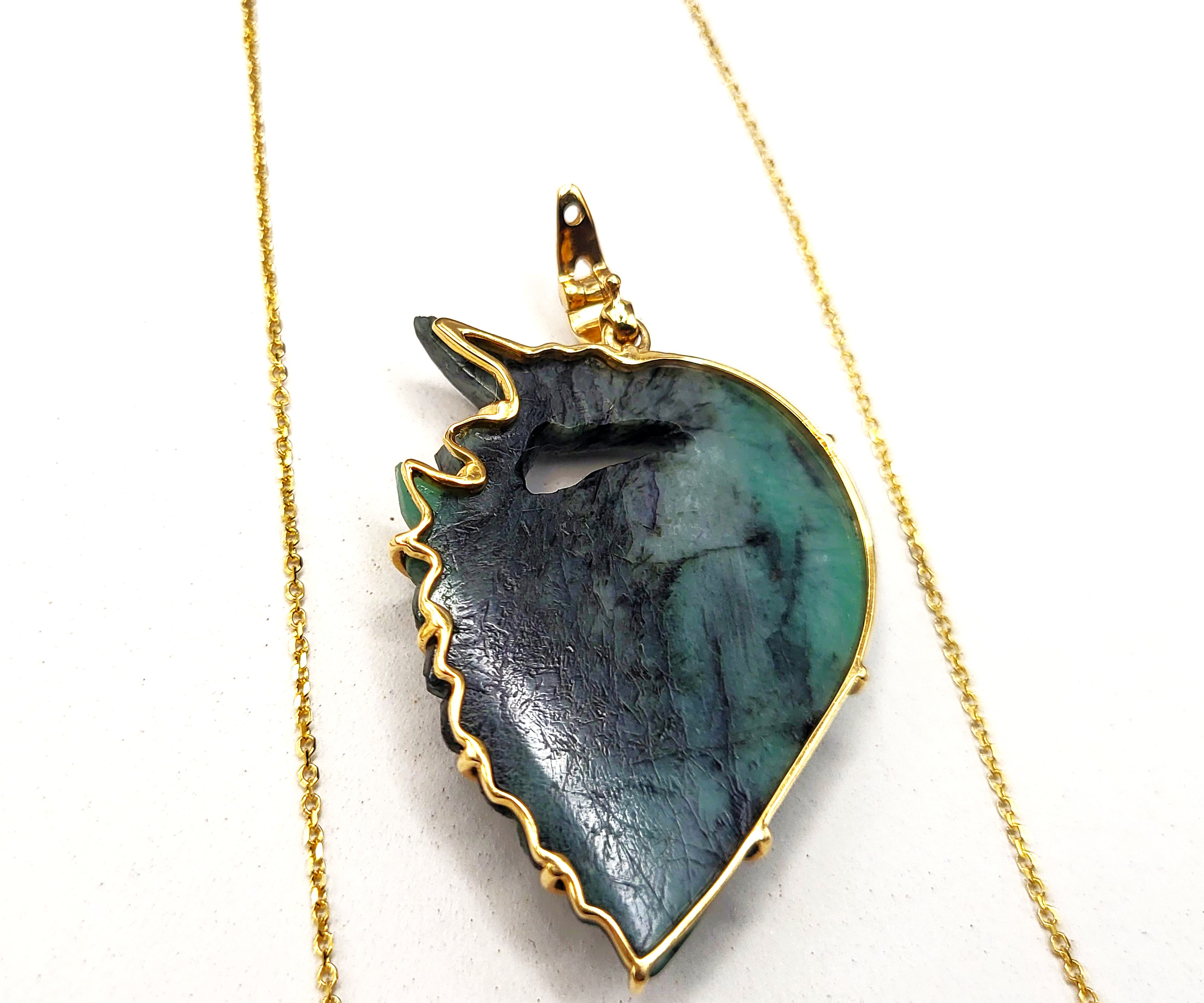 Carved Emerald Peacock Necklace and Diamond Accent