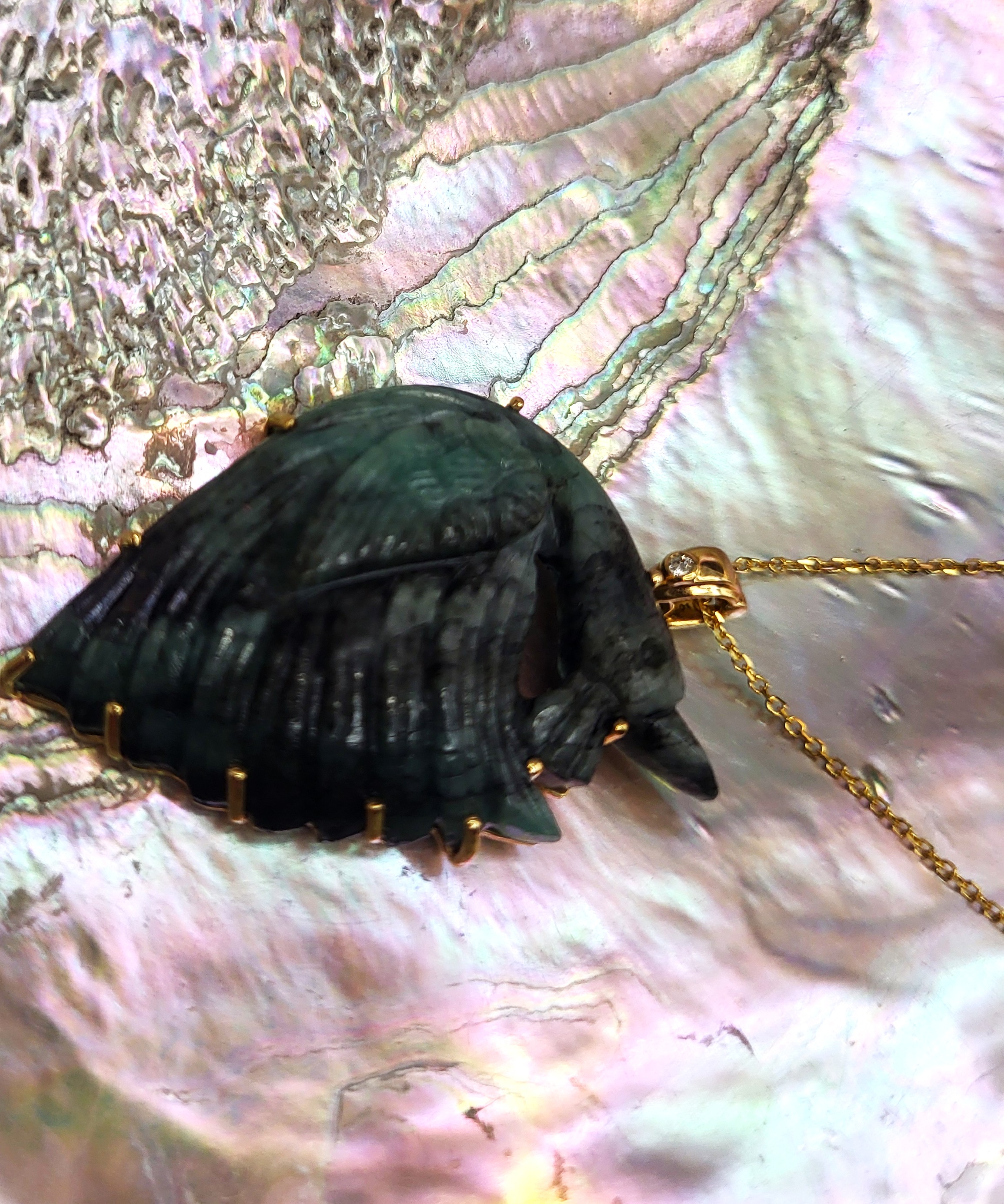 Carved Emerald Peacock Necklace and Diamond Accent