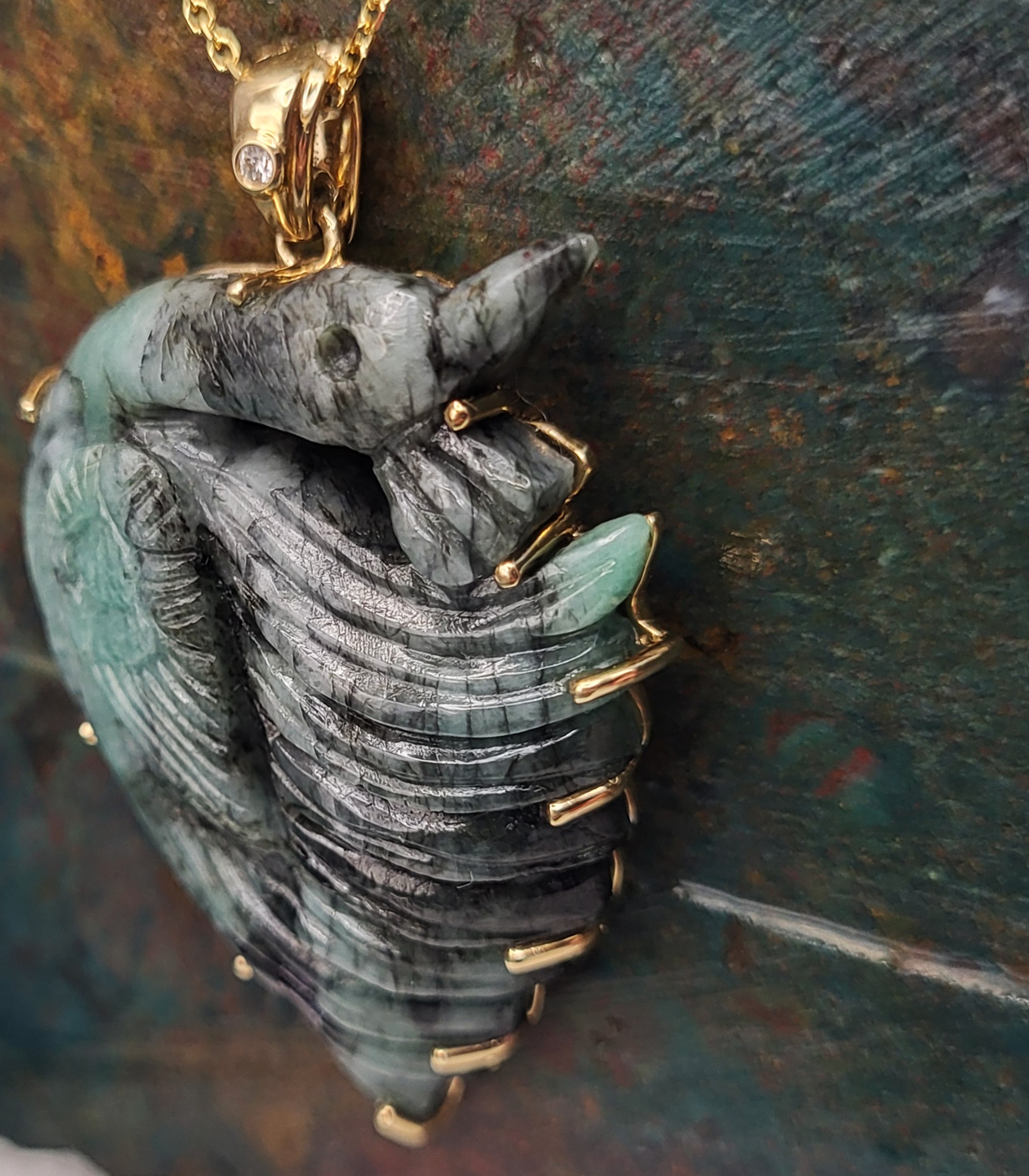 Carved Emerald Peacock Necklace and Diamond Accent