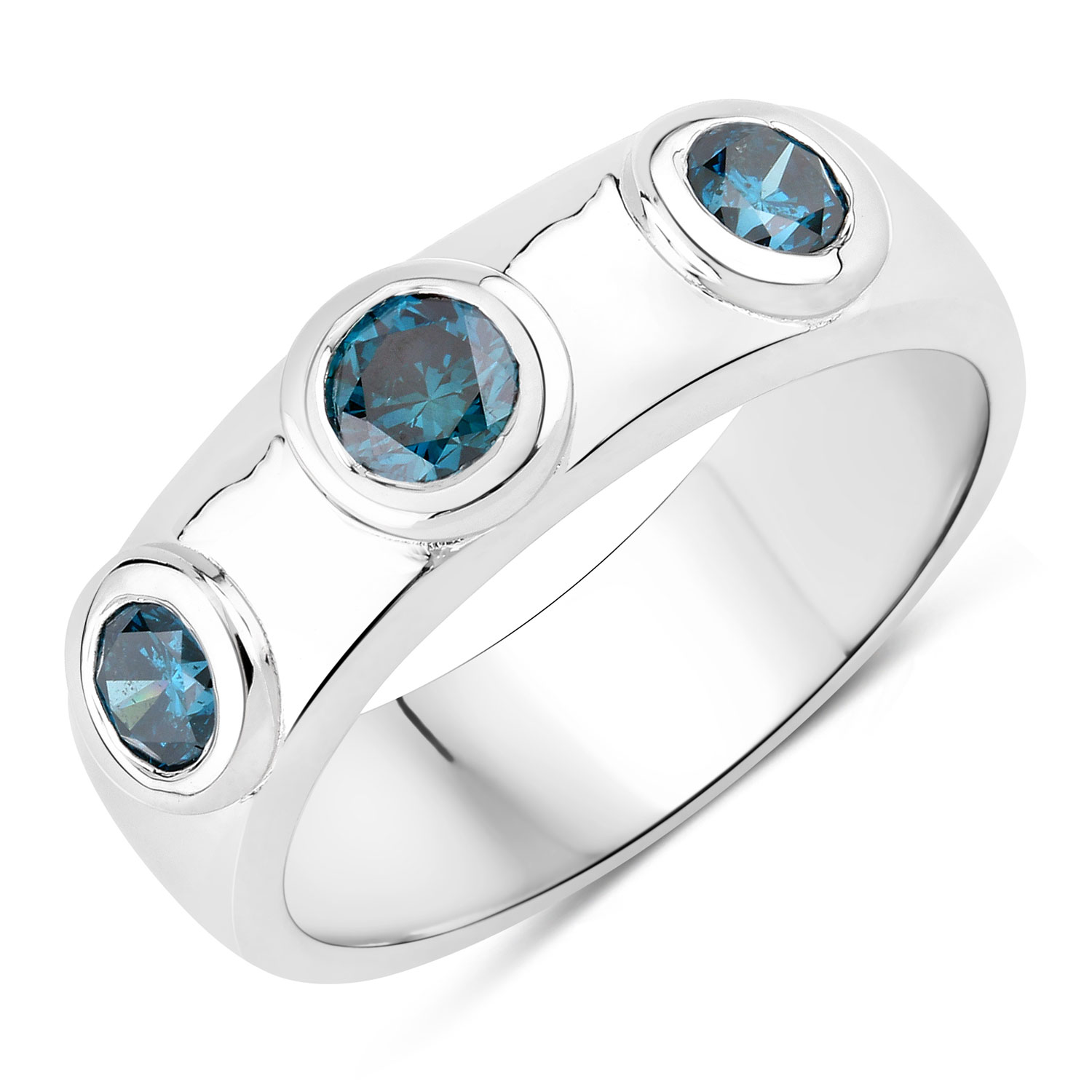Genuine Bezel-Set Blue Diamond 3-Stone Ring .925