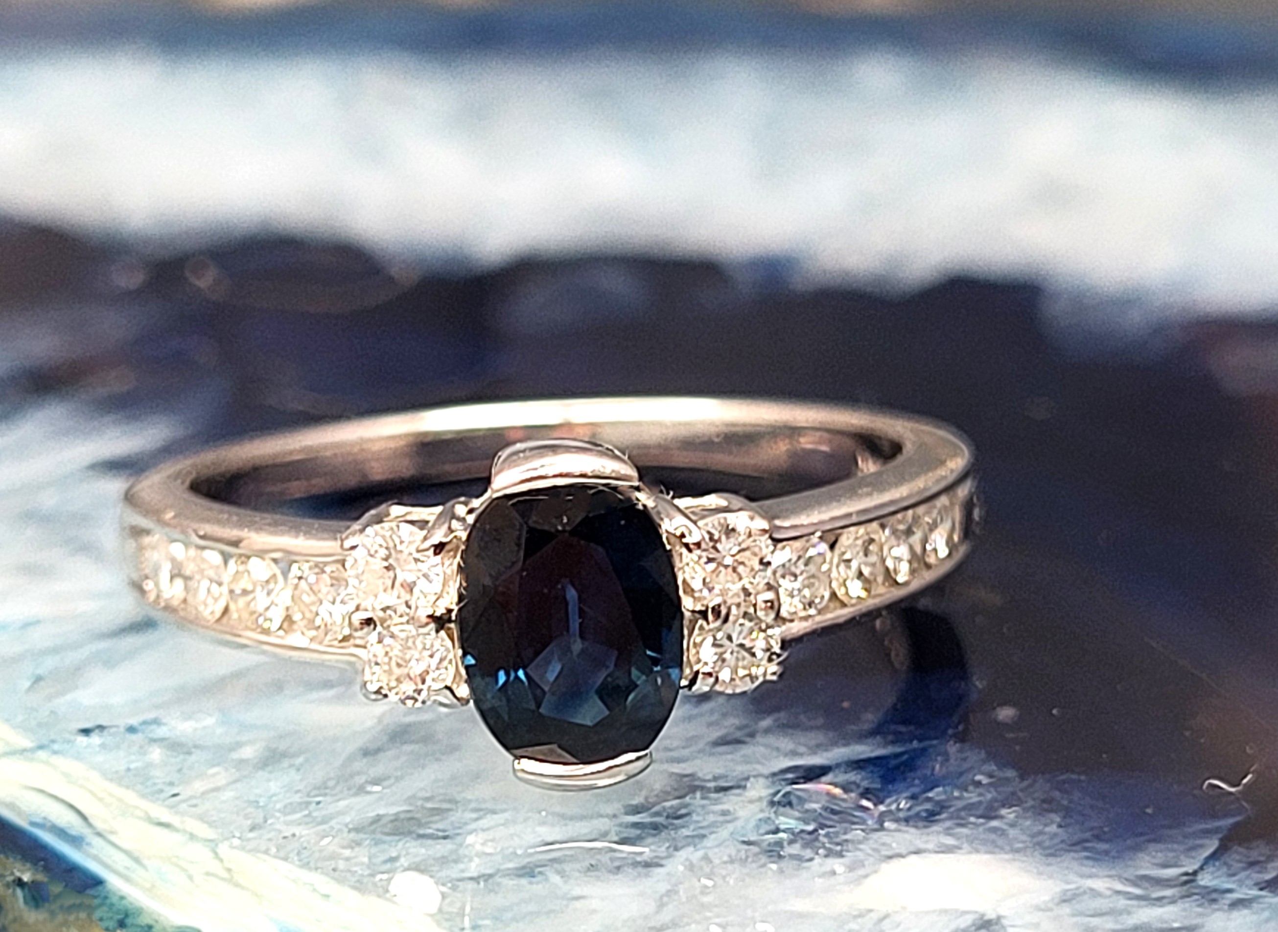 14K WG Blue Sapphire and Diamond Right Hand Ring