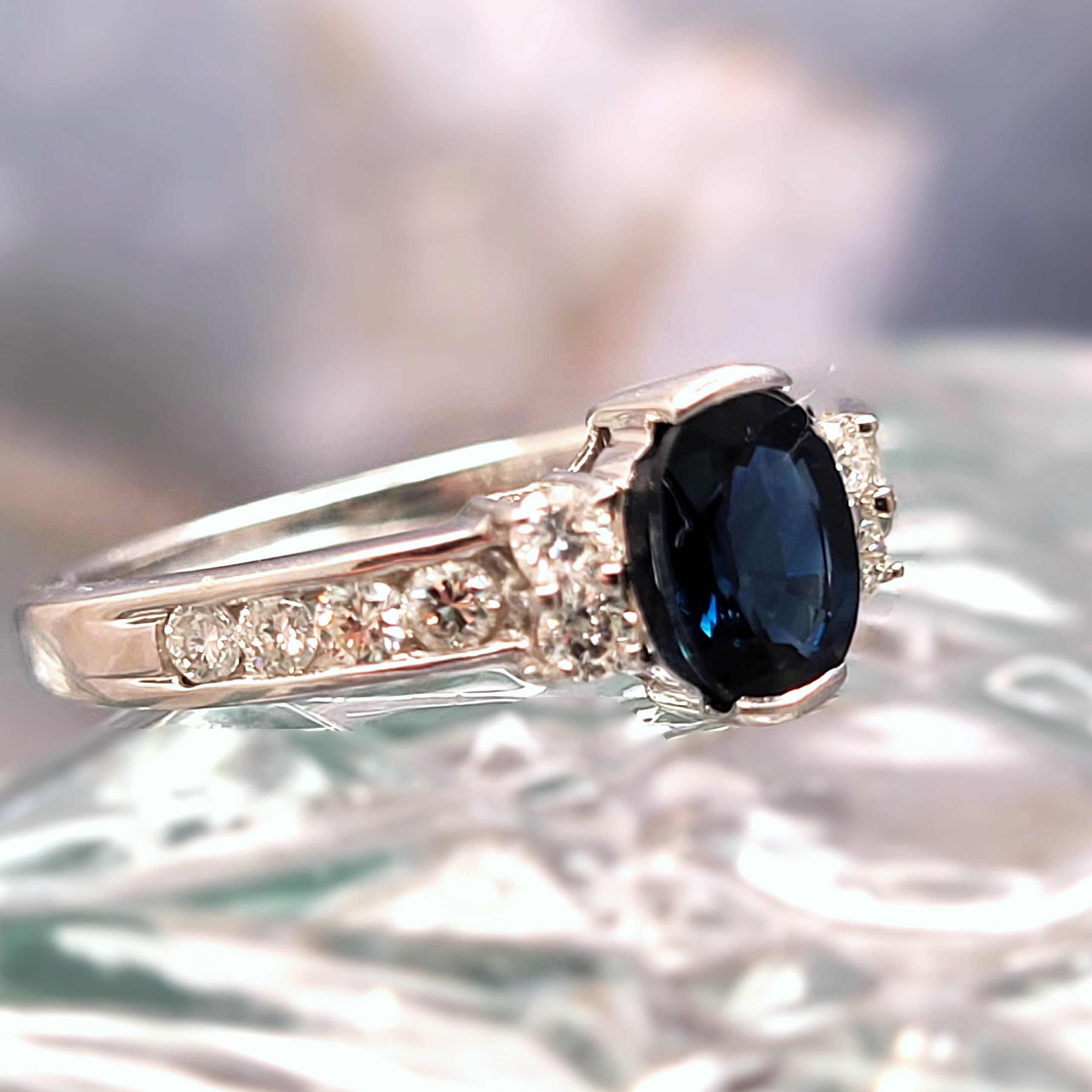 14K WG Blue Sapphire and Diamond Right Hand Ring