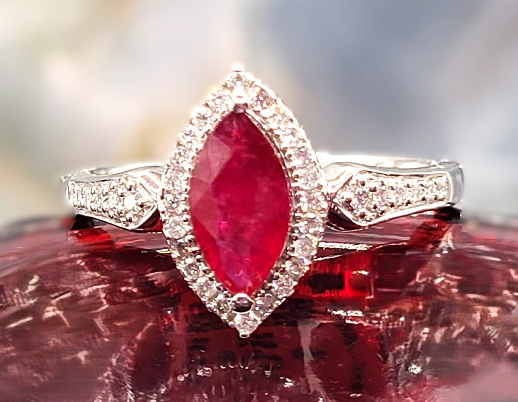 Sophisticated & Elegant - Ruby, Diamond Halo Ring