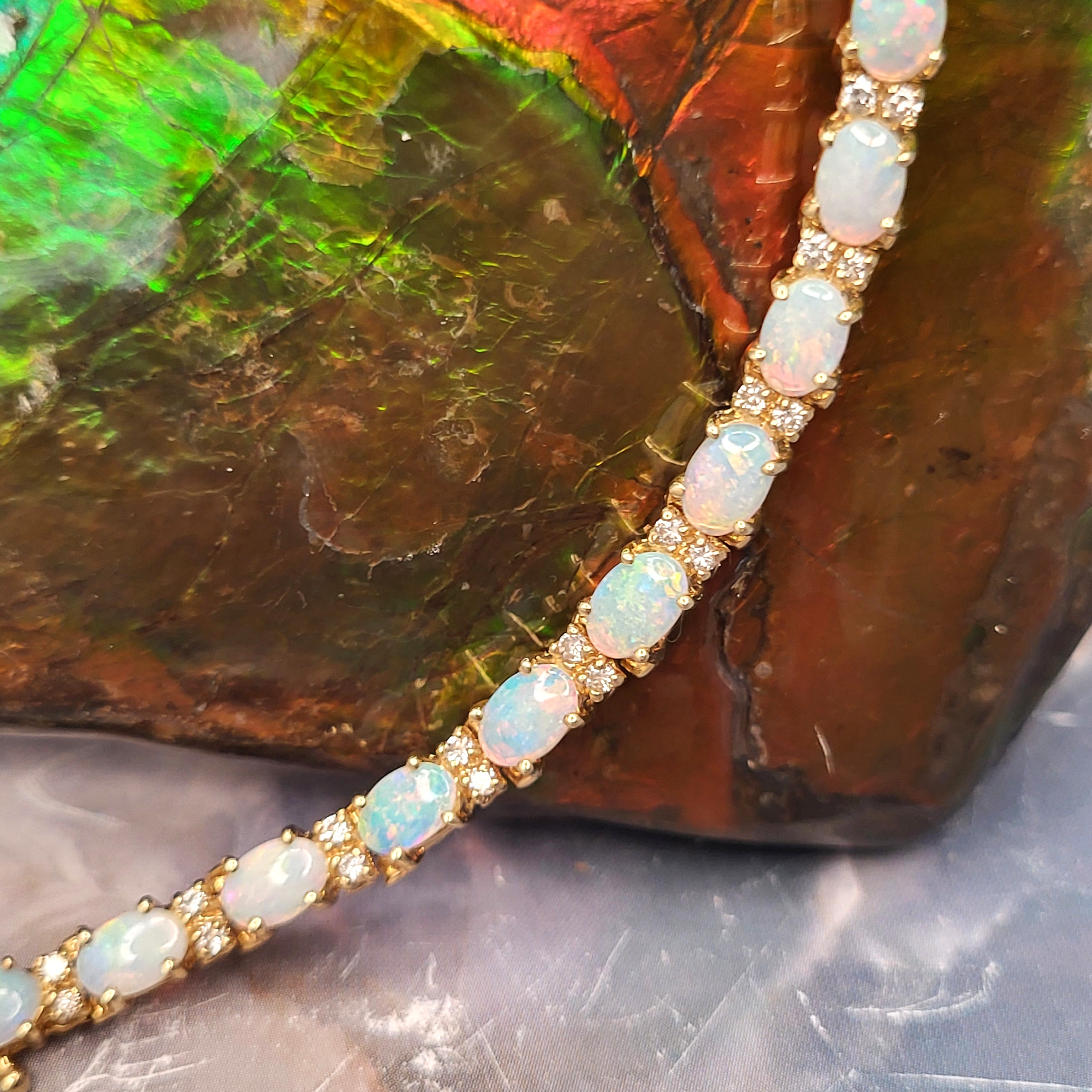 14K Gold Natural Opal & Diamond Eternity Bracelet
