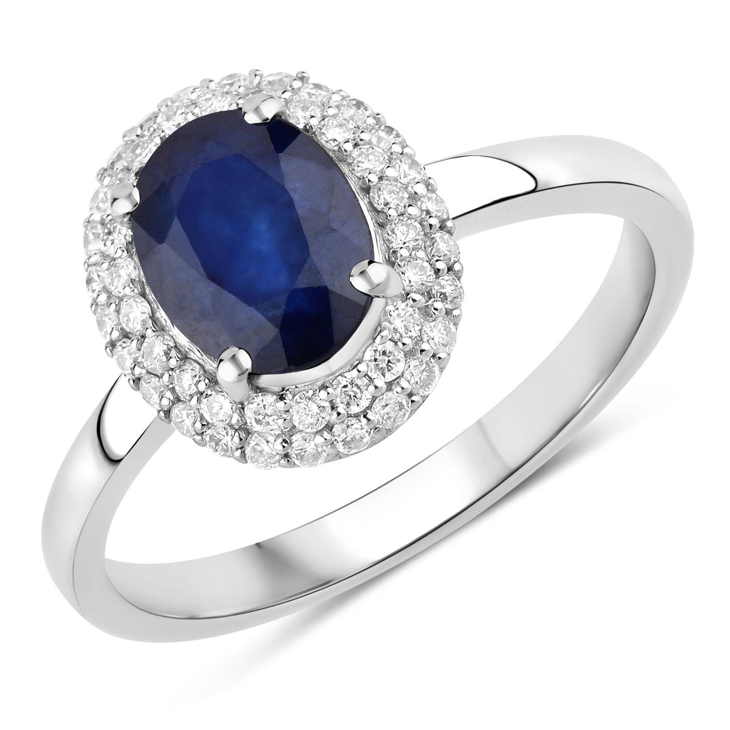 Blue Sapphire and Double Diamond Halo Ring