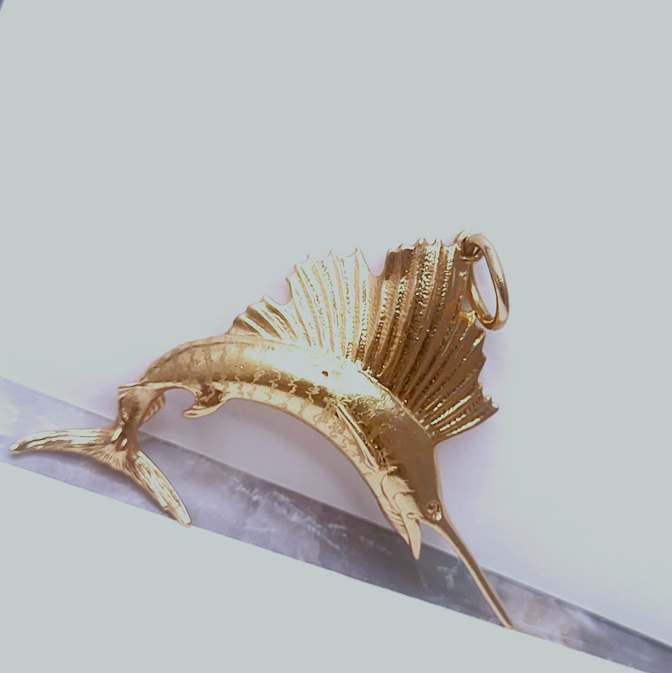 Heavy, 14K Solid Gold Leaping Sailfish Pendant
