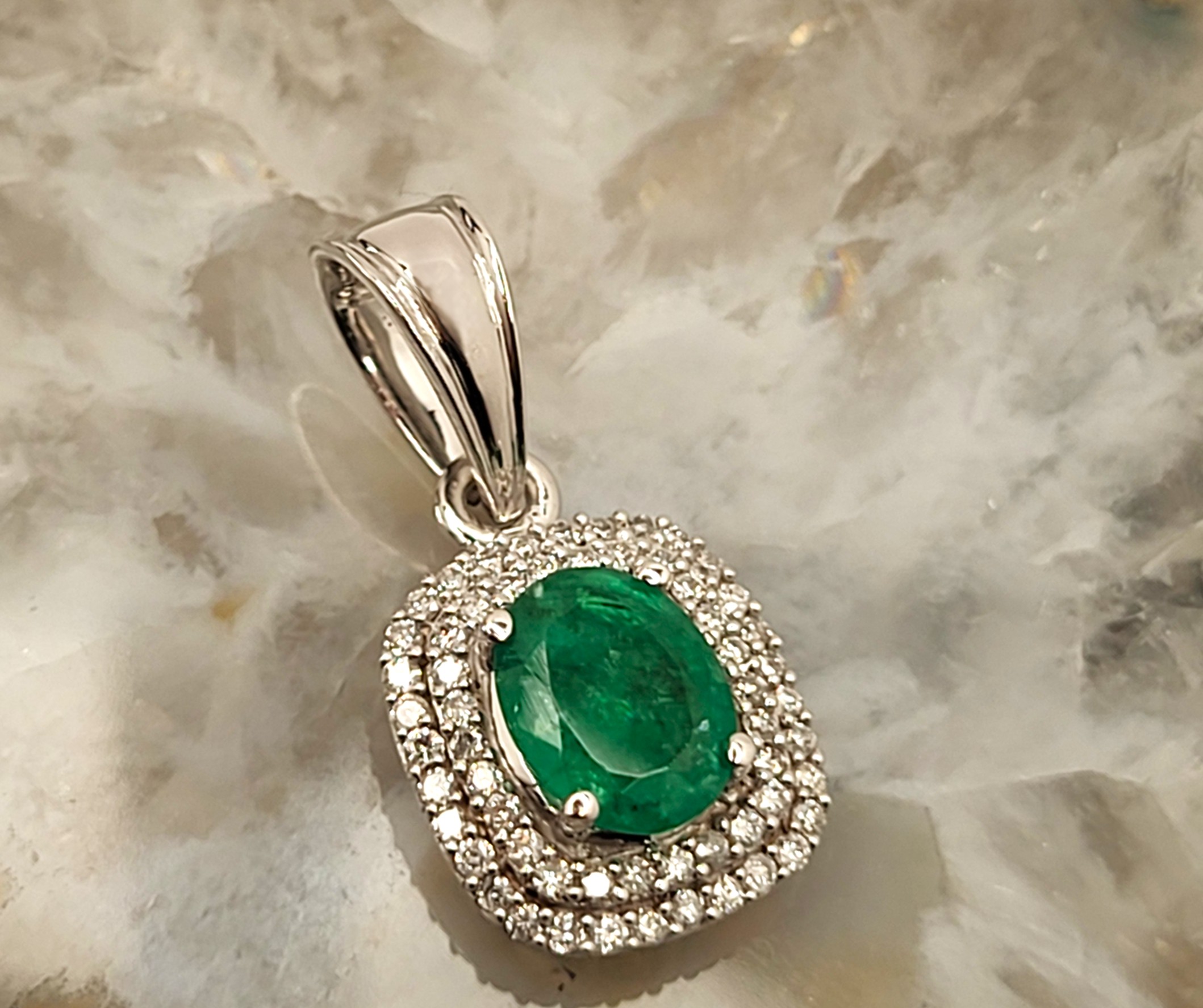 1.2CT Zambian Emerald & .30CTW Double Halo Pendant