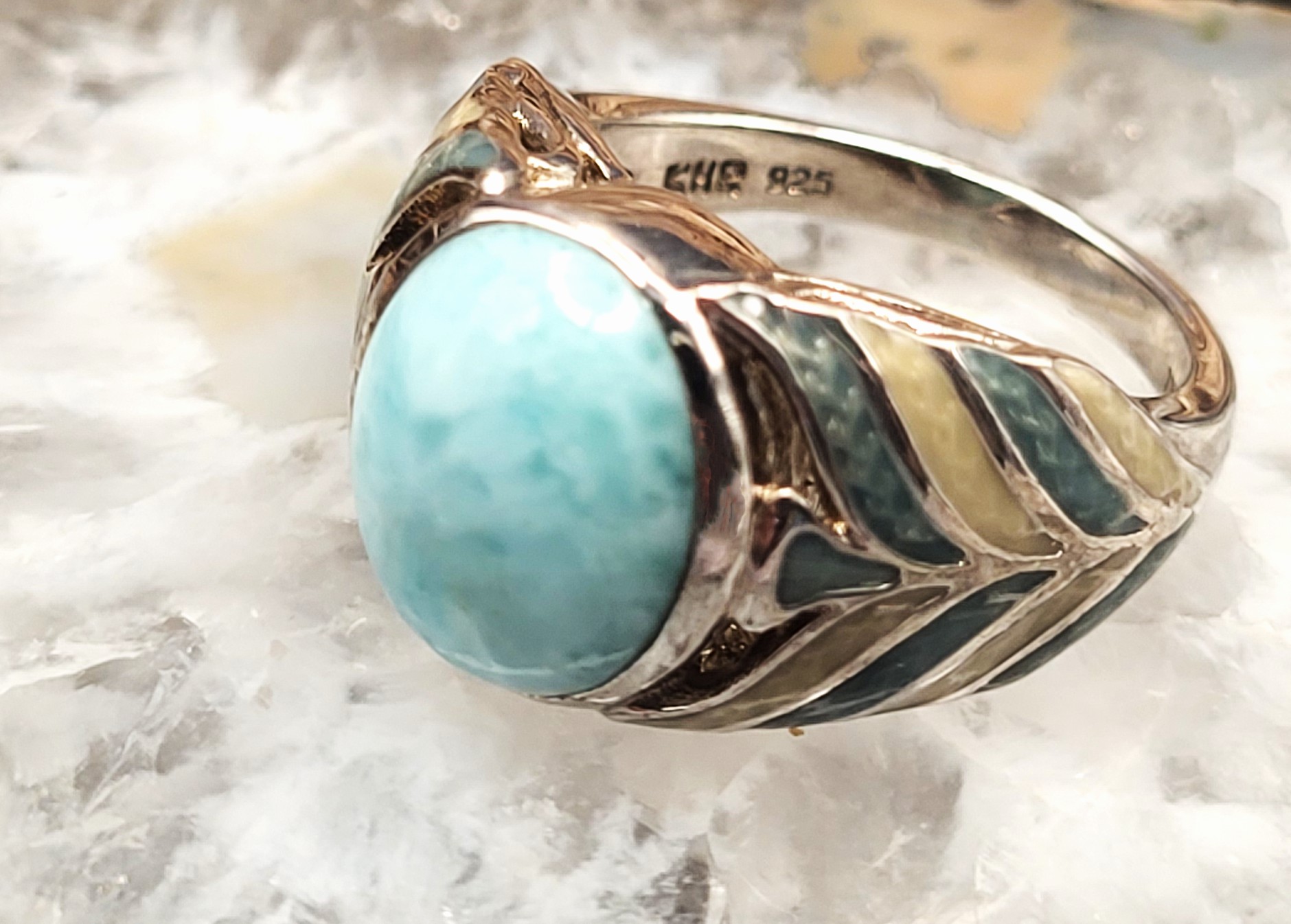 Larimar and Guilloché Enamel Statement Ring - .925