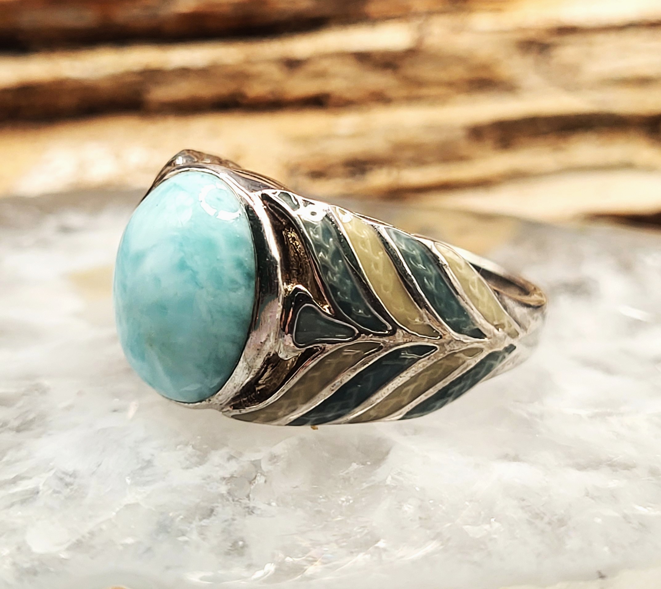 Larimar and Guilloché Enamel Statement Ring - .925