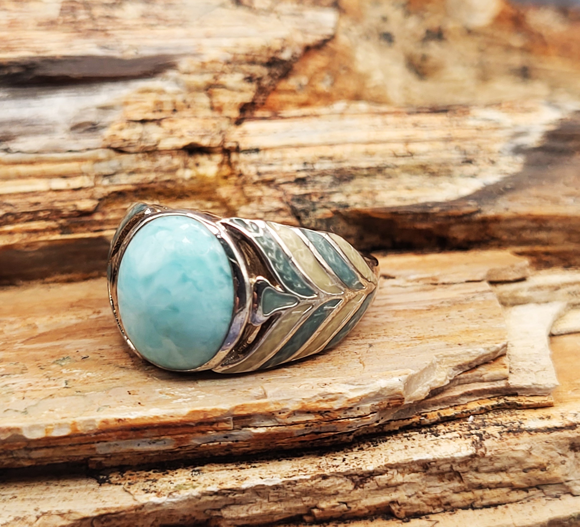 Larimar and Guilloché Enamel Statement Ring - .925