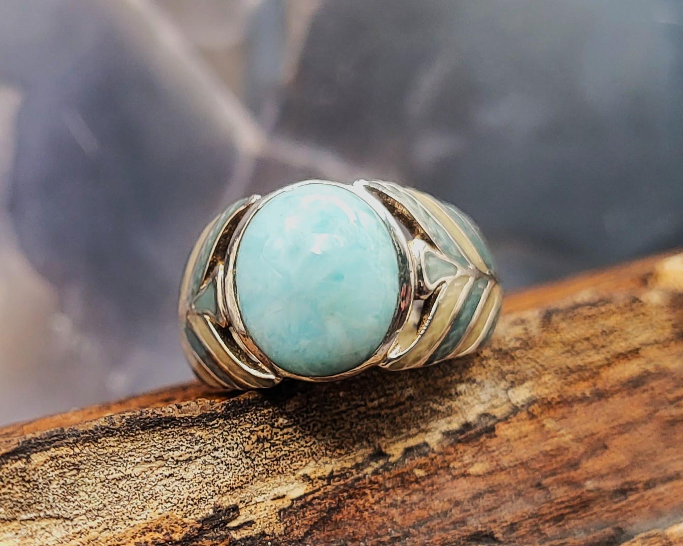 Larimar and Guilloché Enamel Statement Ring - .925