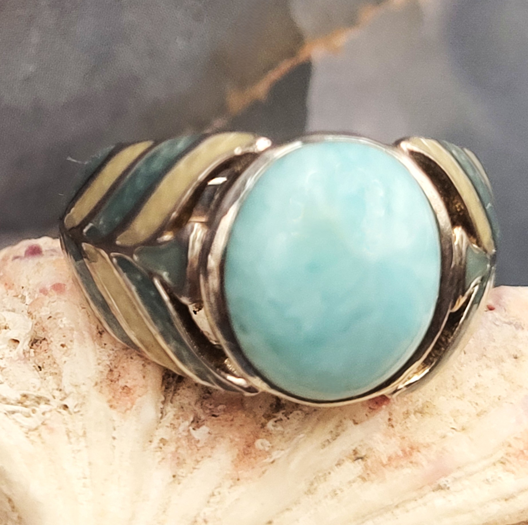 Larimar and Guilloché Enamel Statement Ring - .925