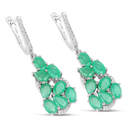 6.69 Carat Genuine Emerald and White Diamond .925 Sterling Silver Earrings