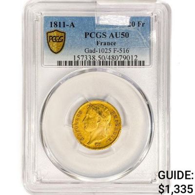 1811-A France 20 Francs .1867oz. Gold PCGS AU50 GA