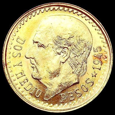 1945 Mexico .0603oz Gold 2 1/2 Pesos GEM BU