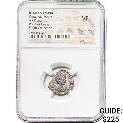 Roman Geta, AD 209-211 Silver Denarius NGC VF
