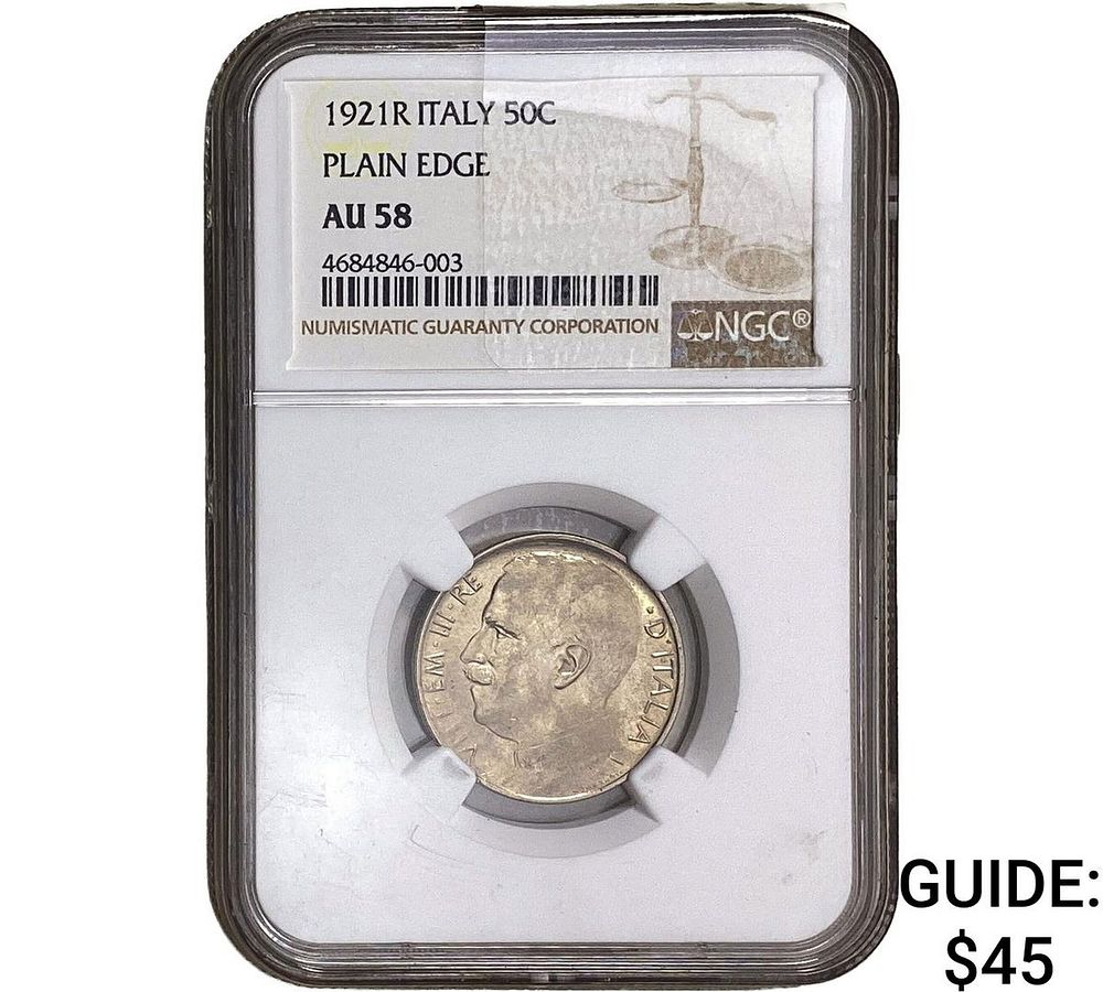 1921-R Italy Silver 50 Centesimi NGC AU58 Plain Edge