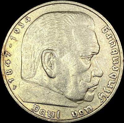 1936-F Germany Silver 5 Reichsmark CLOSELY UNCIRCULATED