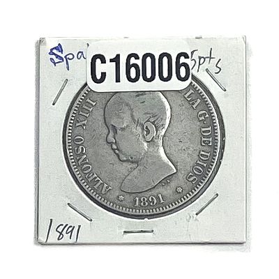 1891 Silver Spain 5 Pesetas XF