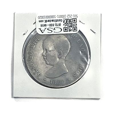 1888 Silver Spain 5 Pesetas Baby Head XF