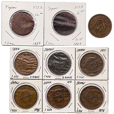 [9 Coins] 1873-1885 Japan Dragon 1 Sen