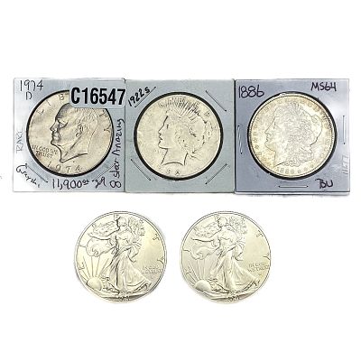 [5 Coins] 1886-1974 Various Silver Dollars