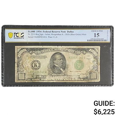 1934 $1000 Federal Reserve Note Dallas PCGS CF 15