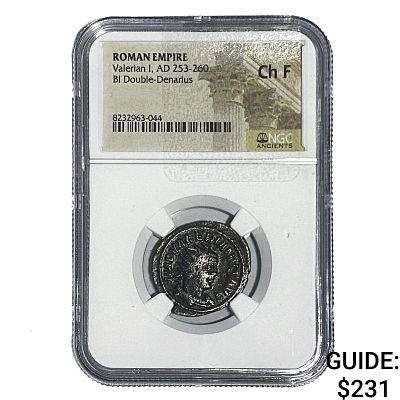 Roman Valerian I, AD 253-260 BI Dbl-Denarius NGC Ch F