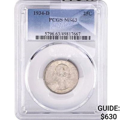 1934-D Washington Silver Quarter PCGS MS63