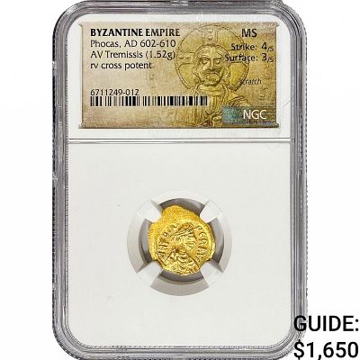 Byzantine Phocas, AD 602-640 Gold Tremissis 1.52G NGC MS