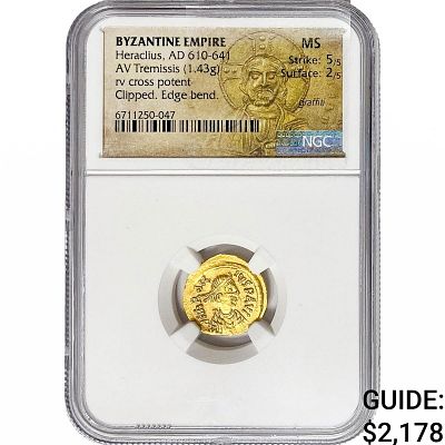 Byzantine Heraclius 610-641 Gold Tremissis 1.43G NGC MS