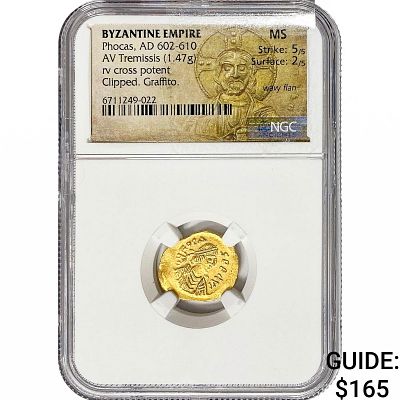 Byzantine Phocas, AD 602-610 Gold Tremissis 1.47G NGC MS
