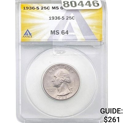 1936-S Washington Silver Quarter ANACS MS64