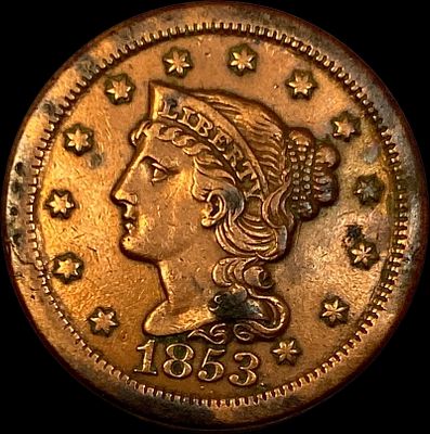 1853 Red Braided Hair Large Cent NEARLY UNCIRCULATED. 1853 Red Braided Hair Large Cent NEARLY 