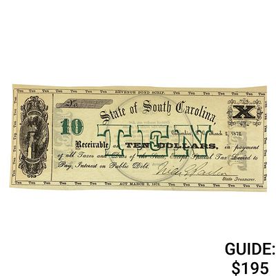 1872 $10 State of South Carolina Note