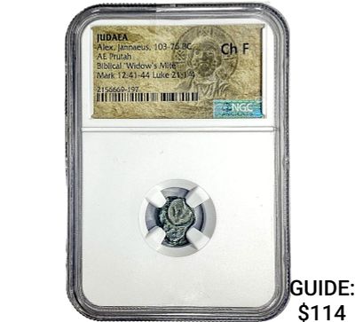 Judaea Alex Jannaeus 103-76 BC Bronze Prutah NGC CH F