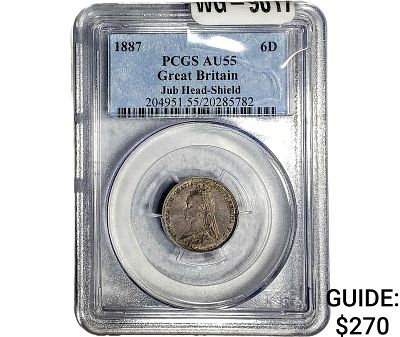 1887 Great Britaib Silver 6 Pence Jub Head-Shield PCGS AU55