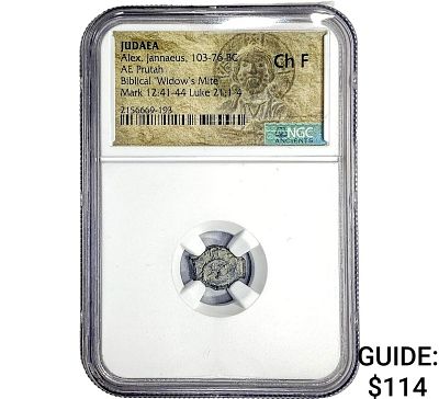 Judaea Alex Jannaeus 103-76 BC Bronze Prutah NGC CH F