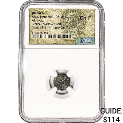 Judaea Alex Jannaeus 103-76 BC Bronze Prutah NGC CH F