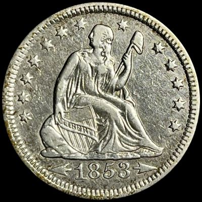 1853-O Arws & Rays Seated Lib Quarter CLOSE UNC. 1853-O Arws &amp; Rays Seated Lib Quarter CLOSE UNC