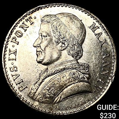 1849 R Italian Papal States Silver 20 Baiocchi UNCIRCULATED