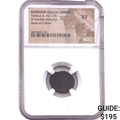 Roman-Gallic Tetricus II 274 AD BI Dbl-Denarius XF