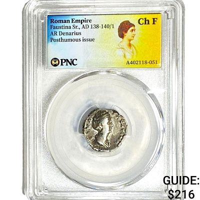 Roman Faustina Sr.,AD 138-140/1 Silver Denarius ChF. Roman Faustina Sr., AD 138-140/1 Silver 