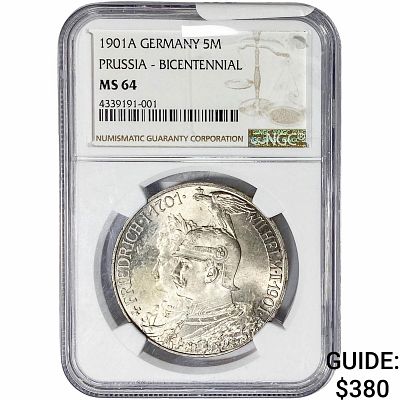 1901-A Germany Wilhelm II Bicentenial Silver 5 Marks NGC MS64