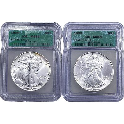 [2 Coins] 1988-1993 Silver Eagle ICG MS69